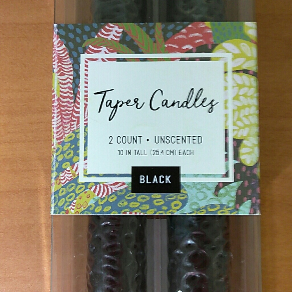 10" 2pk black candles with a beautiful pattern